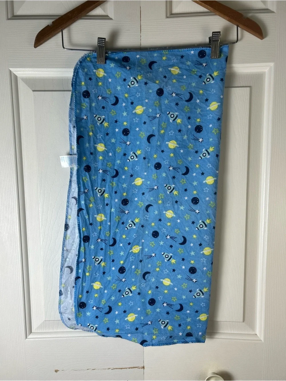 Kidgets Blue Outer Spaceship Baby Receiving Blanket Yellow Planets Stars Flannel